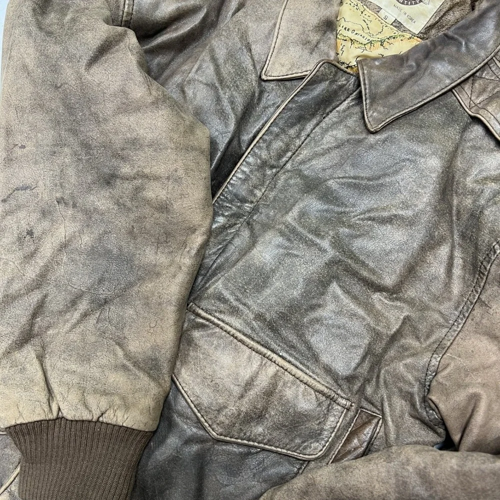 G-III Leather Flight Jacket Mens S Brown Distressed Map Lining Bomber E2